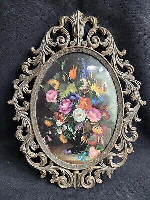 VTG Victorian Floral Oval Ornate Brass Framed Picture FR Italy Flowers Bouquet