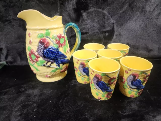 Majolica Bird In Tree Jug Pitcher w/6 Cups Antique c. 19th Cent 8" Yellow Japan