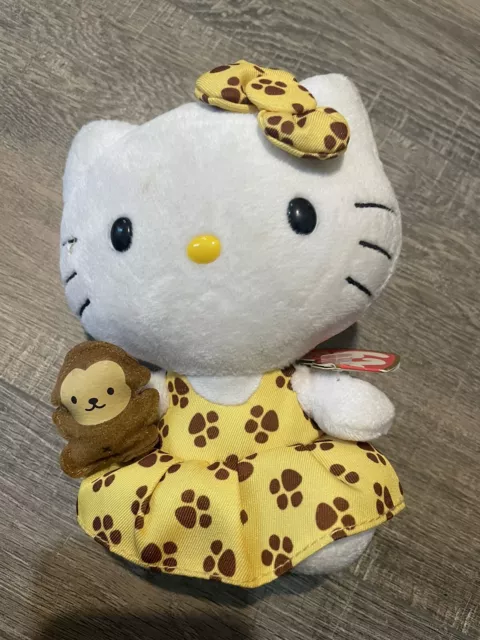 TY Hello Kitty Sanrio 6” Plush Paw Print Yellow Dress & Bow w Monkey Stuffed Cat