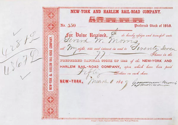 New York and Harlem Railroad - Railway Stock Certificate - Railroad Stocks