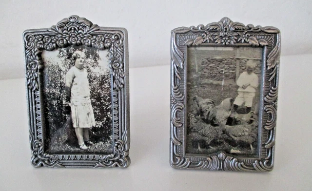 Lot Of 2 MINI ORNATE NOUVEAU PEWTER PICTURE FRAMES- SIMILAR DESIGN 2X3 VTG AZ6