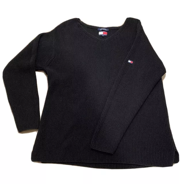 Tommy Hilfiger Women's Black Cable Knit V-Neck Pull Over Sweater Large