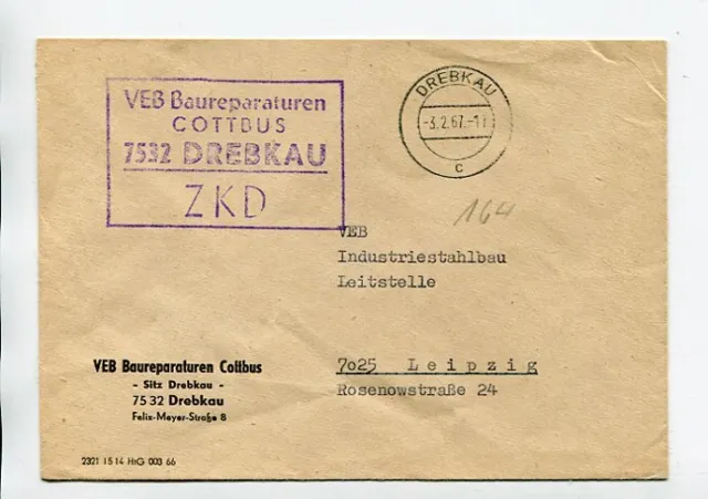 DDR Dienst ZKD Brief Drebkau 3.2.67 VEB Baureparaturen Cottbus