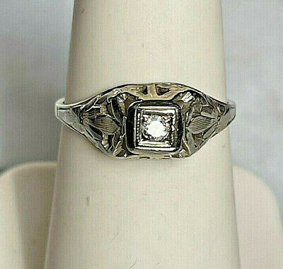 Art Deco Era 18K White Gold & Diamond Ring Size 6.5