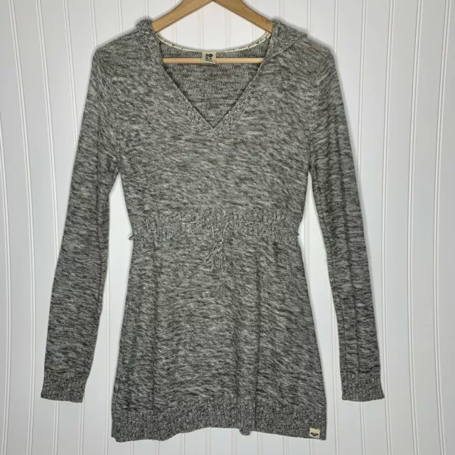 ROXY Knit Hoodie Sweater Dress Tunic M Gray Marled V-Neck Long Sleeve Tie Waist