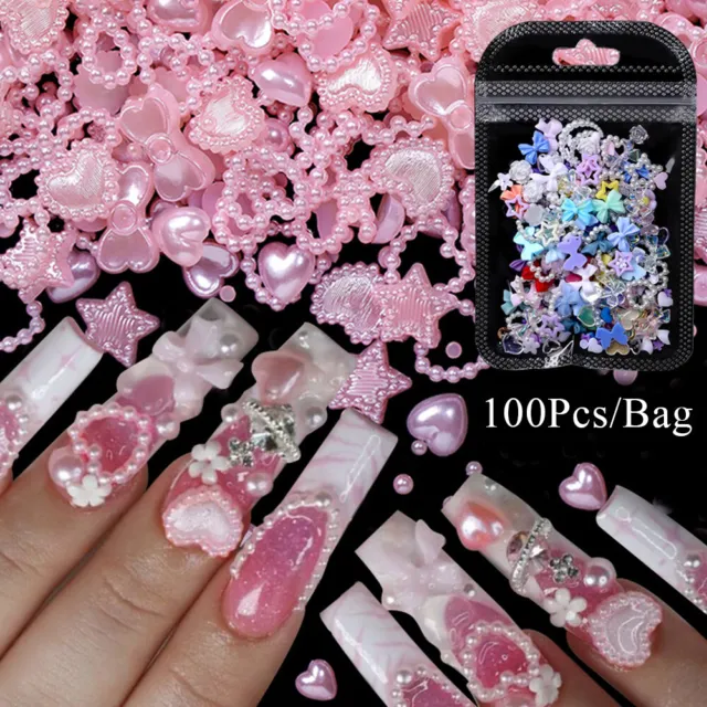 100 Pièces 3D Nœud Papillon Coeur Perles Nail Art Charme Décoration Des ✿