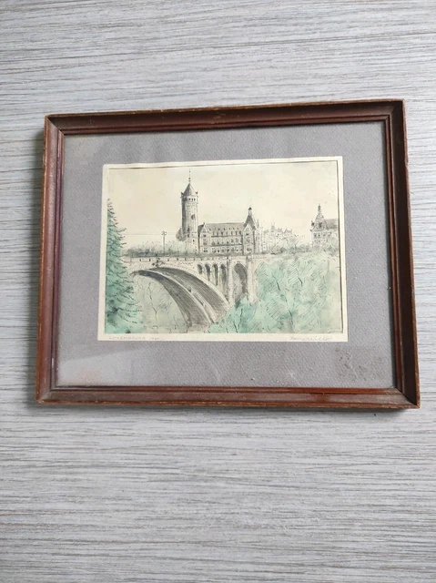 Dessin Original Aquarelle - Luxembourg 1954 - Rue De Village - Encadré Et Signé