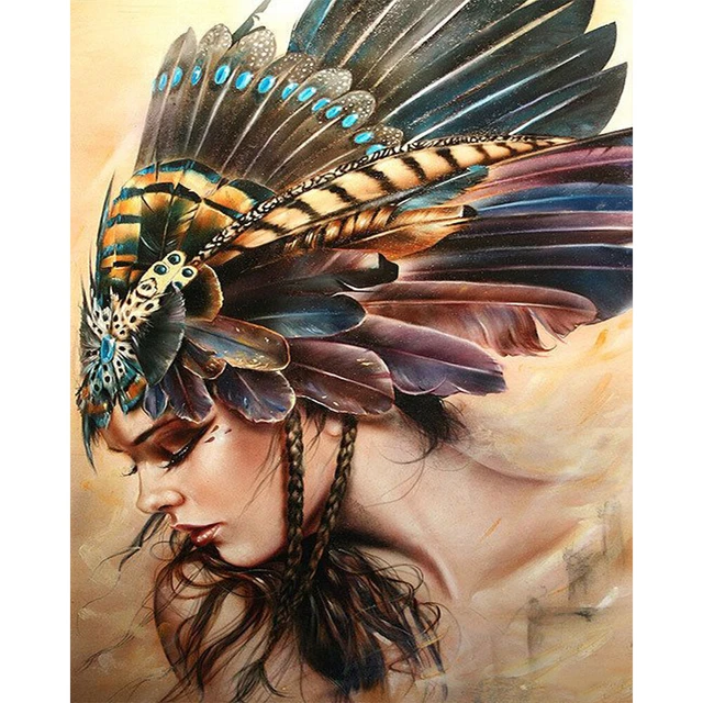 Girl with Feathers Oil Paint By Numbers DIY Canvas Wall Art Picture Home Crafts