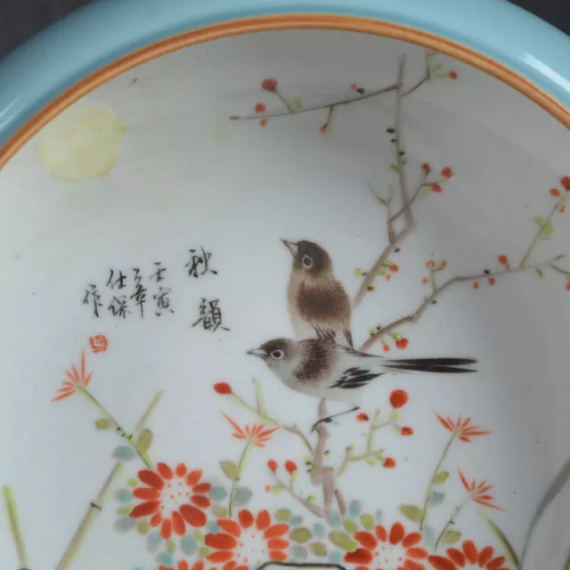 7.1" Chinese Porcelain Hand Painting Blue Glaze Plum Blossom Bird Brush Washer 3