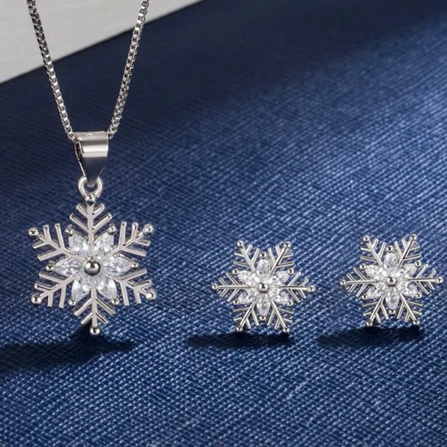 Kristall Schneeflocken 925 Sterlingsilber Halskette Ohrstecker Damen Weihnachtsgeschenk UK