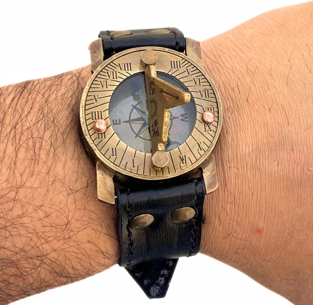 Orologio Da Polso Steampunk Con Bussola E Meridiana - In Ottone E Pelle, Stile Nautico - Foto 10
