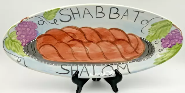 Oval Hand Painted Challah Ceramic Platter Shabbat Shalom Signed & Dated 1997