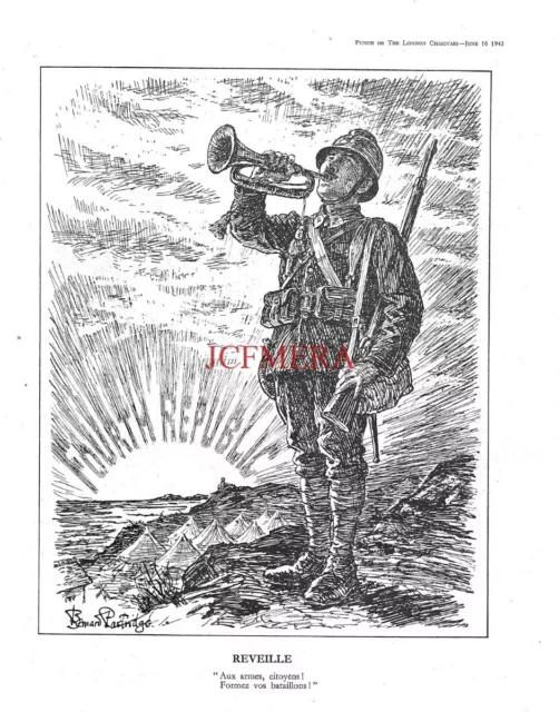 WW2 French 4th Republic Call to Arms "Reveille" 1943 Punch Cartoon Print 700/24