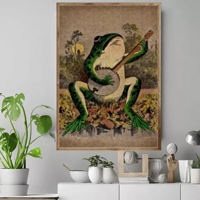 A Frog Playing Banjo in The Moonlight Gifts Deco Vintage Artwork POSTER CANVAS