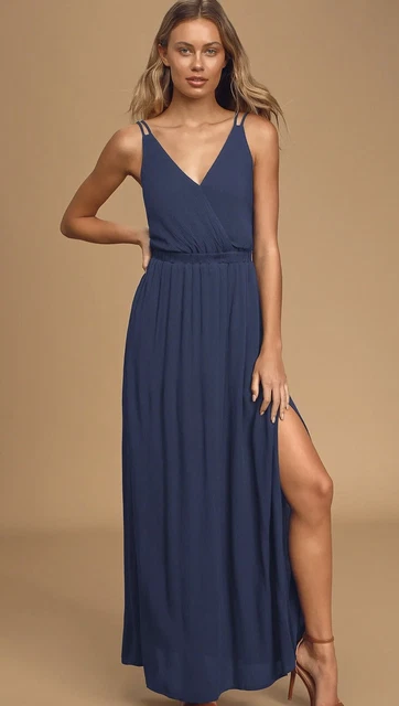 Lulu’s Lost In  Paradise Sz M Blue Maxi Dress With Long Side Slits Cutout Back