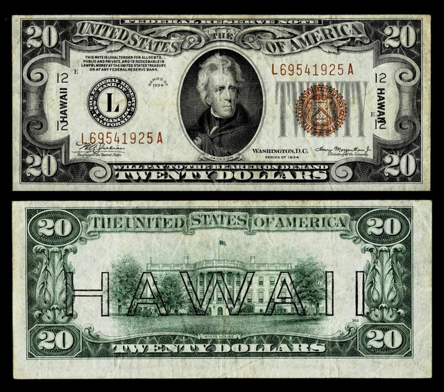 1934-A $20 Dollars “Hawaii”  Federal Reserve Note~~ Very Fine