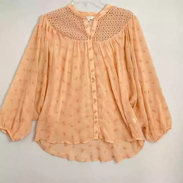 Lucky Brand Shirt Women Large Orange Crochet Long Sleeve Bohemian Flowy Floral