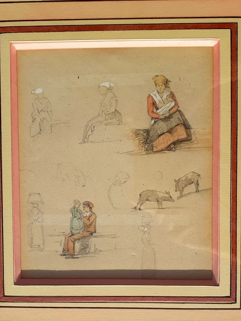 Dessin au crayon encadré sous vitre, vagabond mendiant cloch