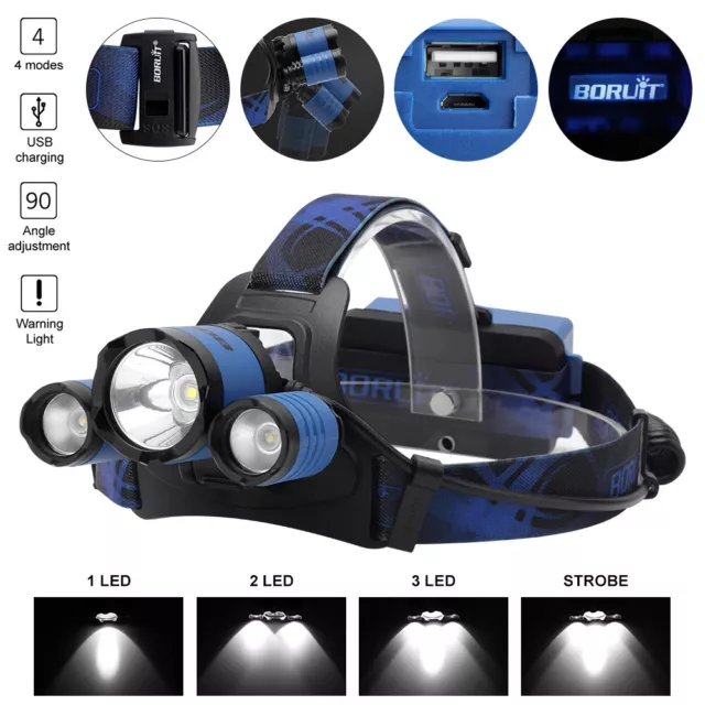 BORUiT LED Headlamp Head Torch Lamp Light Headlight Flashlight USB Rechargeable