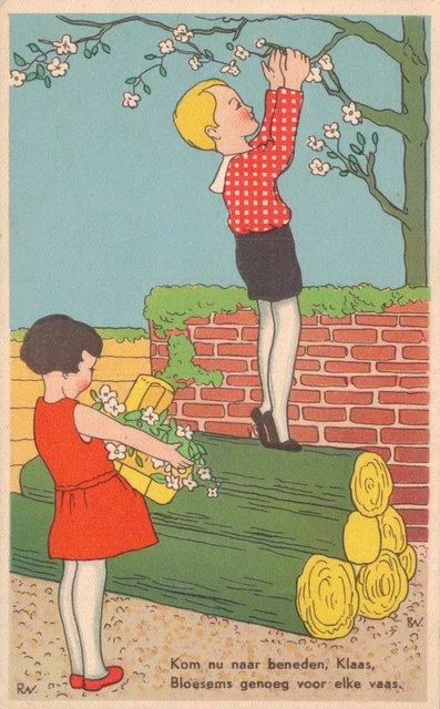 Kids Picking Flowers Vintage Postcard B22