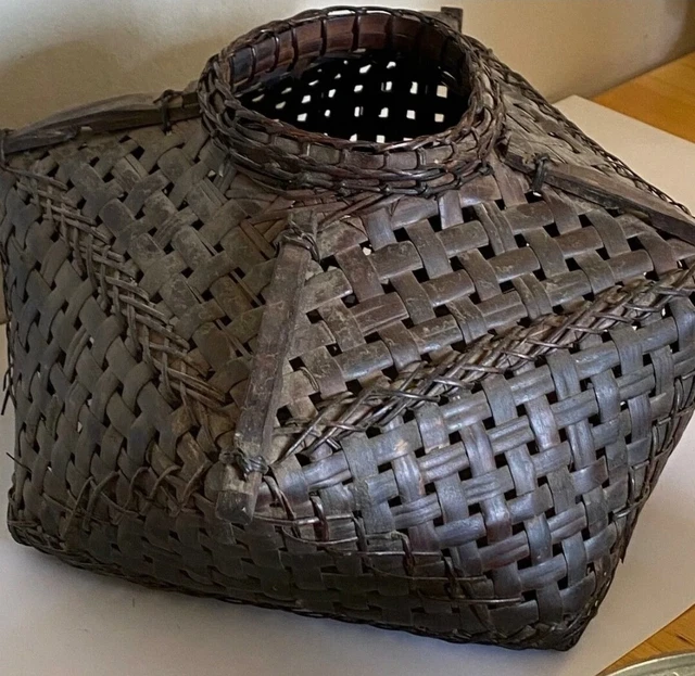 Antique Chinese Bamboo Woven Basket 4 Sided Round Carrying Bars Diamond Shape
