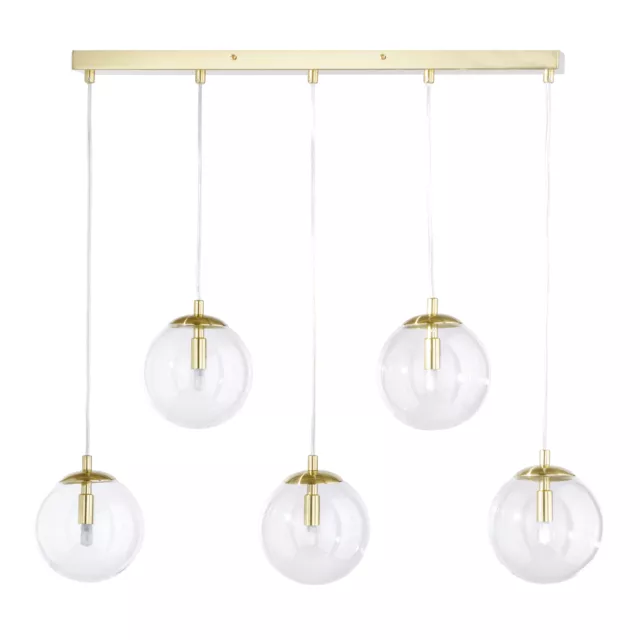 Litecraft Vee Deckenanhänger Bar 5 Licht mit klaren Glasschirmen - Satin Messing