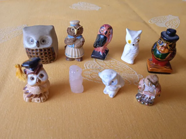 Collection lot 9 chouettes miniatures différentes en céramique et verre hiboux