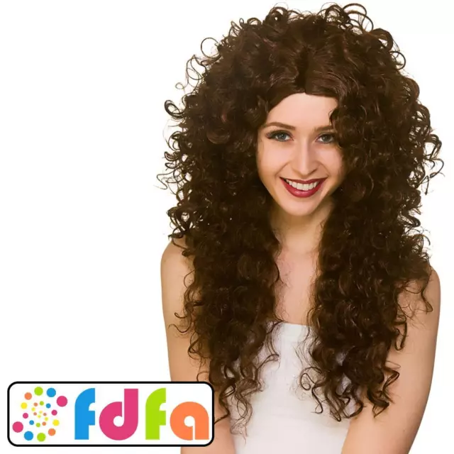 Wicked Costumes 80s 90s Perm Long Curly Brown Wig Ladies Adults Fancy Dress