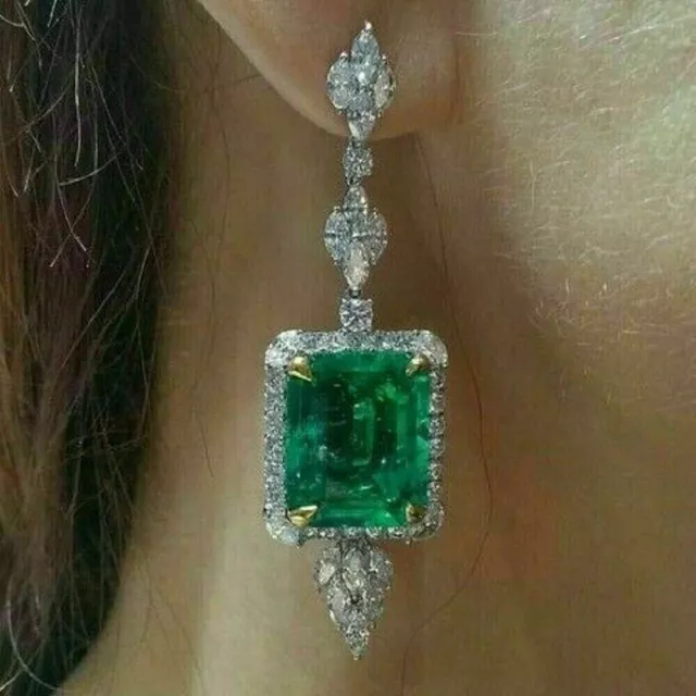 9.00 Ct Emerald Cut Green Emerald Halo Chandelier Earrings 14k White Gold Finish