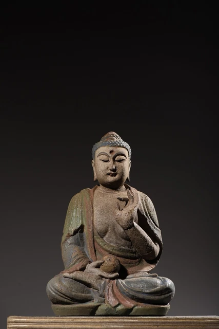 Antique Chinese Wood Carved Sakyamuni Buddha Statue Painted Wooden Sculpture Art