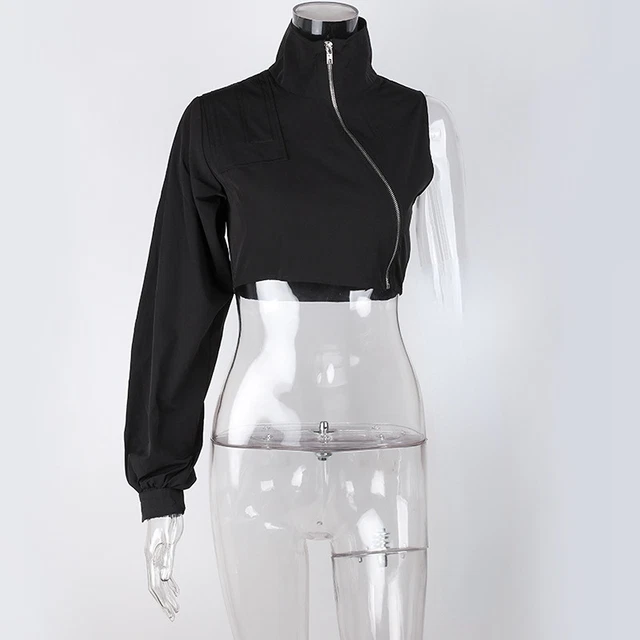 Donna Asimmetrico Felpa Corto Maglia Zip Tartaruga Collo Singolo Maniche Punk