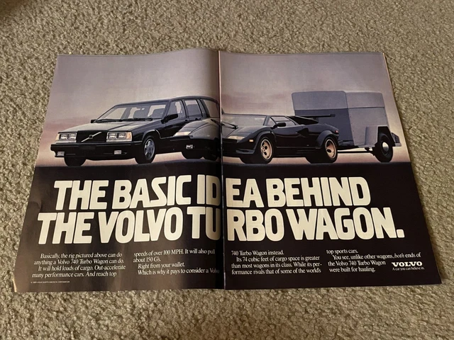 Vintage 1989 VOLVO 740 TURBO WAGON Car Print Ad FERRARI TESTAROSSA COMPARISON