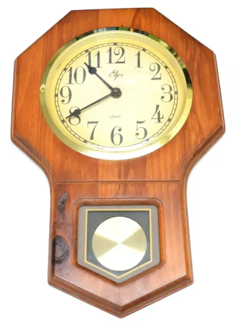 Elgin Wall Clock Wooden Brass Color Accents Quarts Faux Pendulum Works