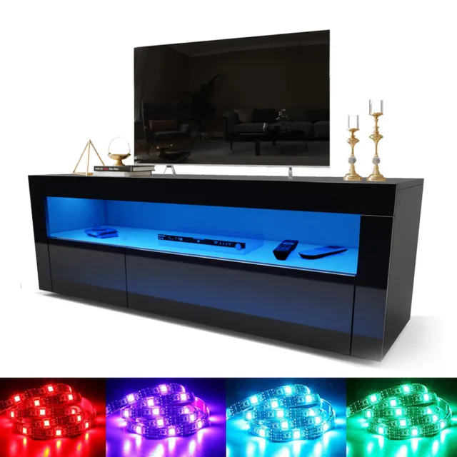 Modern TV Unit Cabinet Stand Black High Gloss Door 120cm with LED Lights Drawers