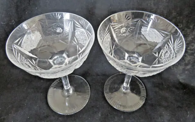 Pair of Antique Bohemian deep cut crystal glass Coupe style liqueur glasses