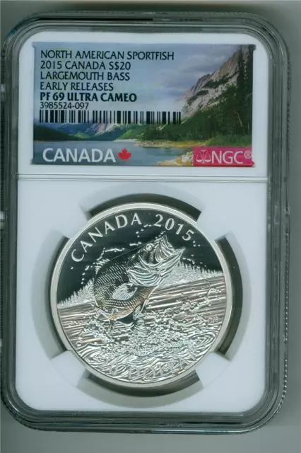 Canada 2015 $20 North American Sportfish Largemouth Bass 1 Oz Silver Ngc Pf-69