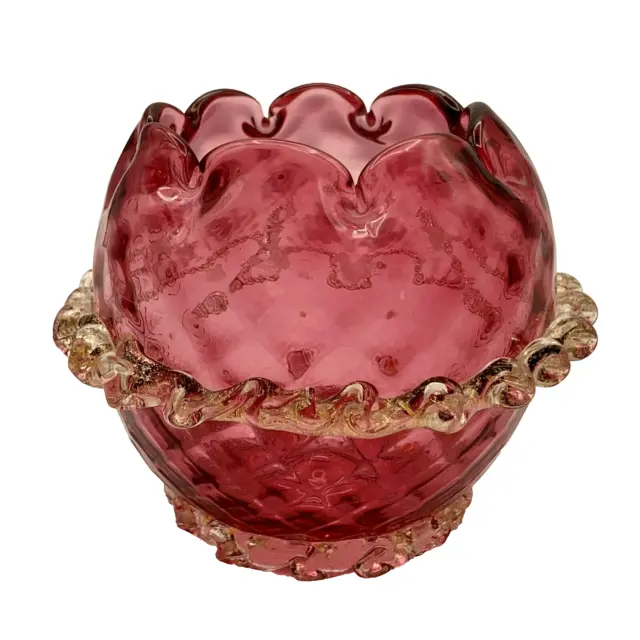 Murano Style Venetian Art Glass Cranberry Diamond Optic Gold Rigaree 4"Rose Bowl