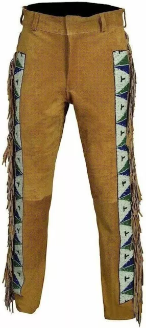 Men Native American Western Buckskin Ragged Leather Suede Pants Mountain Beads