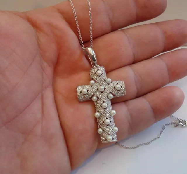 925 Sterling Silver  Cross Necklace Pendant W/ 3Mm White Pearls/  Lab Diamonds