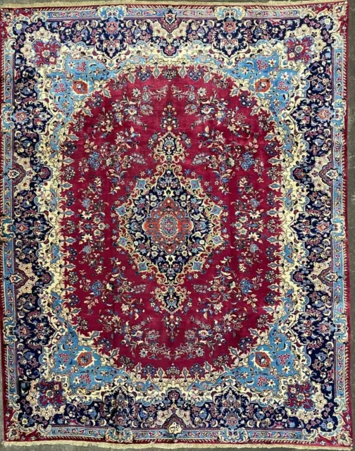 Large Signed Kirman Rug Hand Made Living Room Persian Wool Carpet 12' X 9' Clean