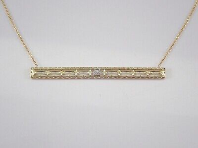 Antique Art Deco 14K Yellow Gold Diamond Bar Necklace Filigree Jewelry 19" Chain