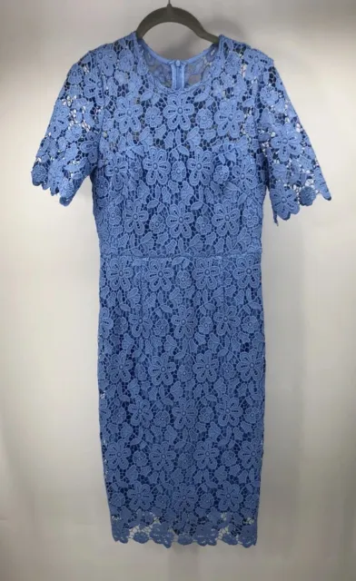 Eliza J Womens Size 4 Blue Lace Midi Fitted Sheath Dress Short Sleeve Wedding