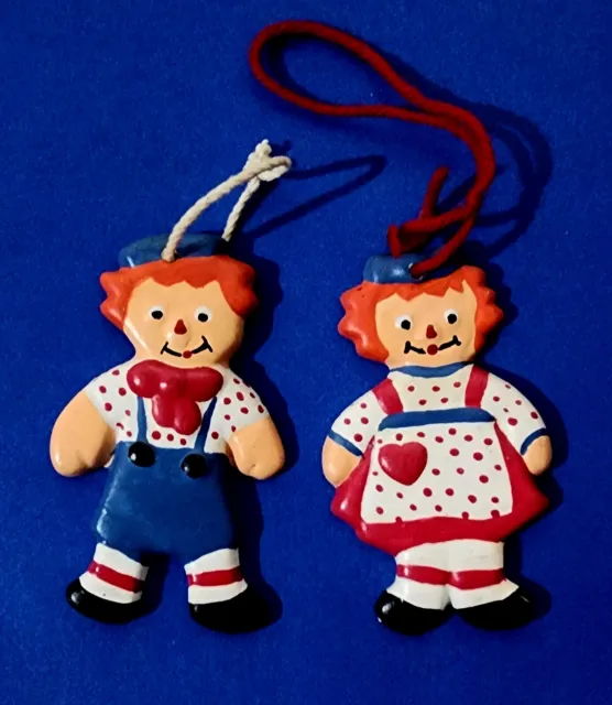 Vintage Raggedy Ann And Andy Christmas Ornaments Painted Ceramic 1970s