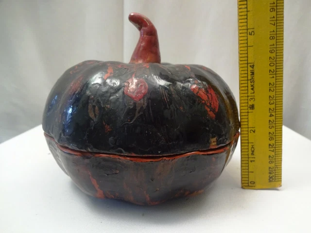 Antique Burmese Lacquerware Pumpkin Box Jewelry Box Black & Red Color Collectib" 11