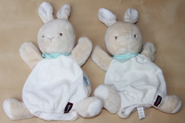 Doudou Kaloo Lapin Marionnette Blanc Beige Bandana Bleu Lot  2 Neuf