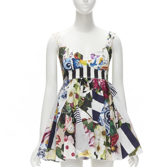 DOLCE GABBANA 2021 mixed patchwork floral boned bustier flared dress IT38 XS DOLCE GABBANA 2021 mixed patchwork floral boned bustier flared dress IT38 XS