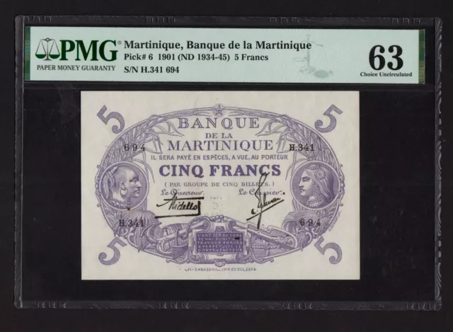 Martinique:P-6, 5 Francs, 1901 (1934-5) * PMG Ch. UNC 63 *