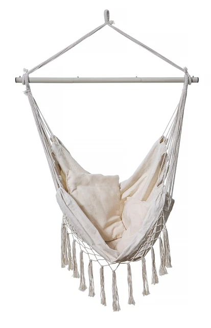 Hängesitz Garten Schaukelsitz Baumwolle inkl. Kissen Hartholz Stange weiß beige