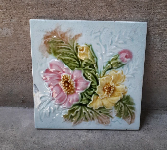 VINTAGE Ceramic Flower Art Tile Porcelain Vintage Art England  Tile.