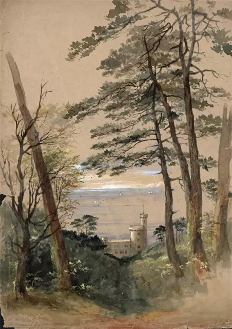 CASTLE ON COASTLINE Antique Watercolour Painting - 19TH CENTURY